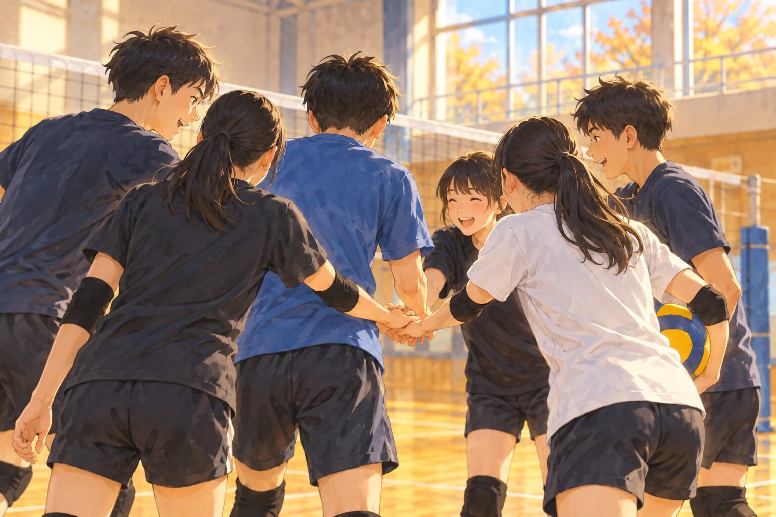 体育館で仲間と手を重ねるバレーボール選手たちのAI生成イラスト